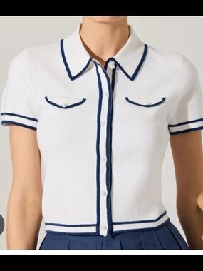 Astr White Short-Sleeve Button-Down Top with Navy Trim